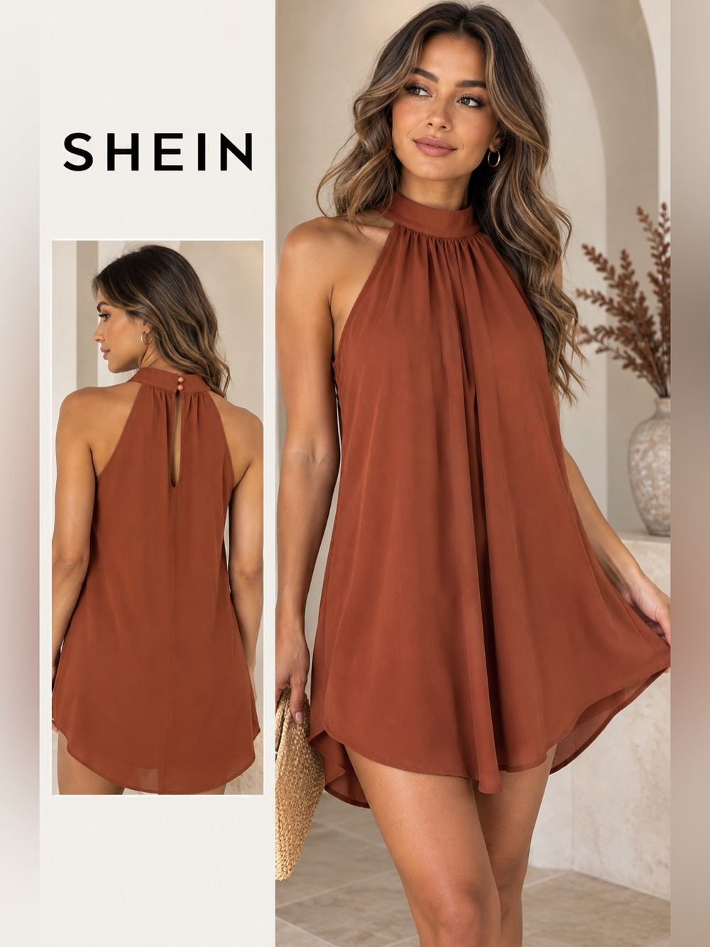 SHEIN Curve Halter Neck Flowy Blouse Rust Brown Plus Size 1XL